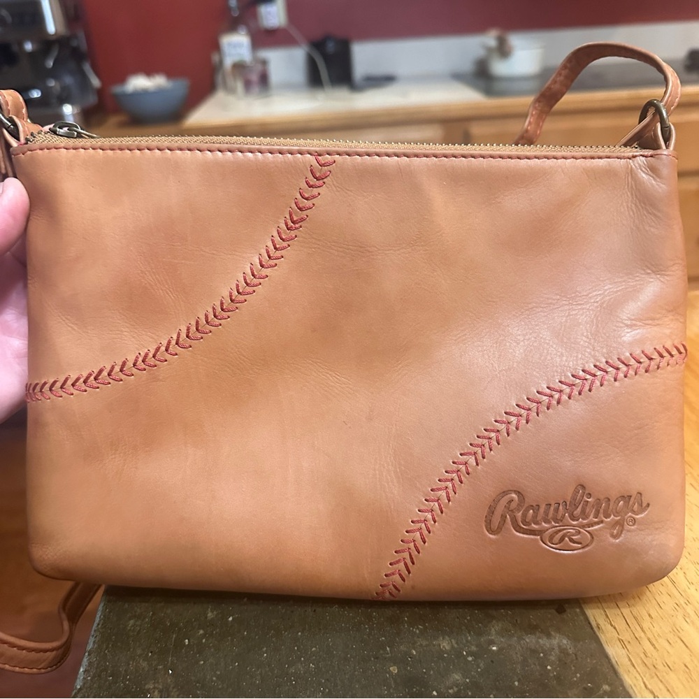 Rawlings Tan baseball glove Leather crossbody shoulder Bag with Red Stitching